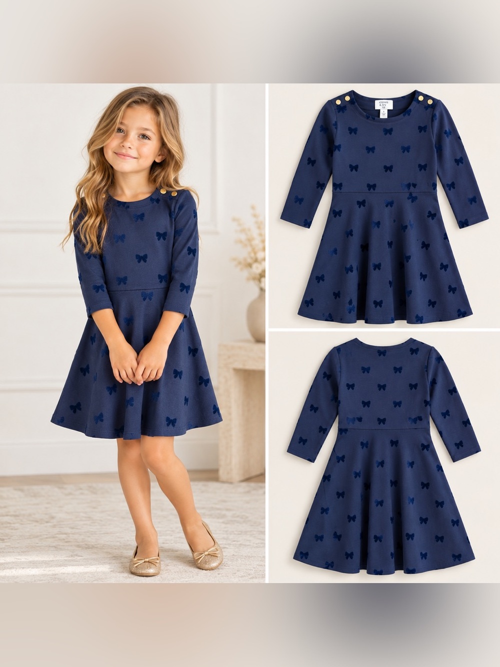 Crown & Ivy Kids Girls M Navy Velvet Bow Fit & Flare Dress Gold Buttons